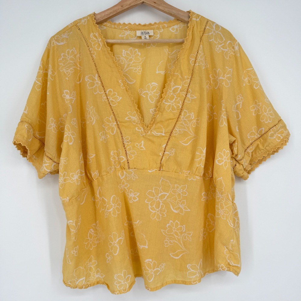 ANA A‎ New Approach Yellow Floral V Neck Blouse Top Size 1X
